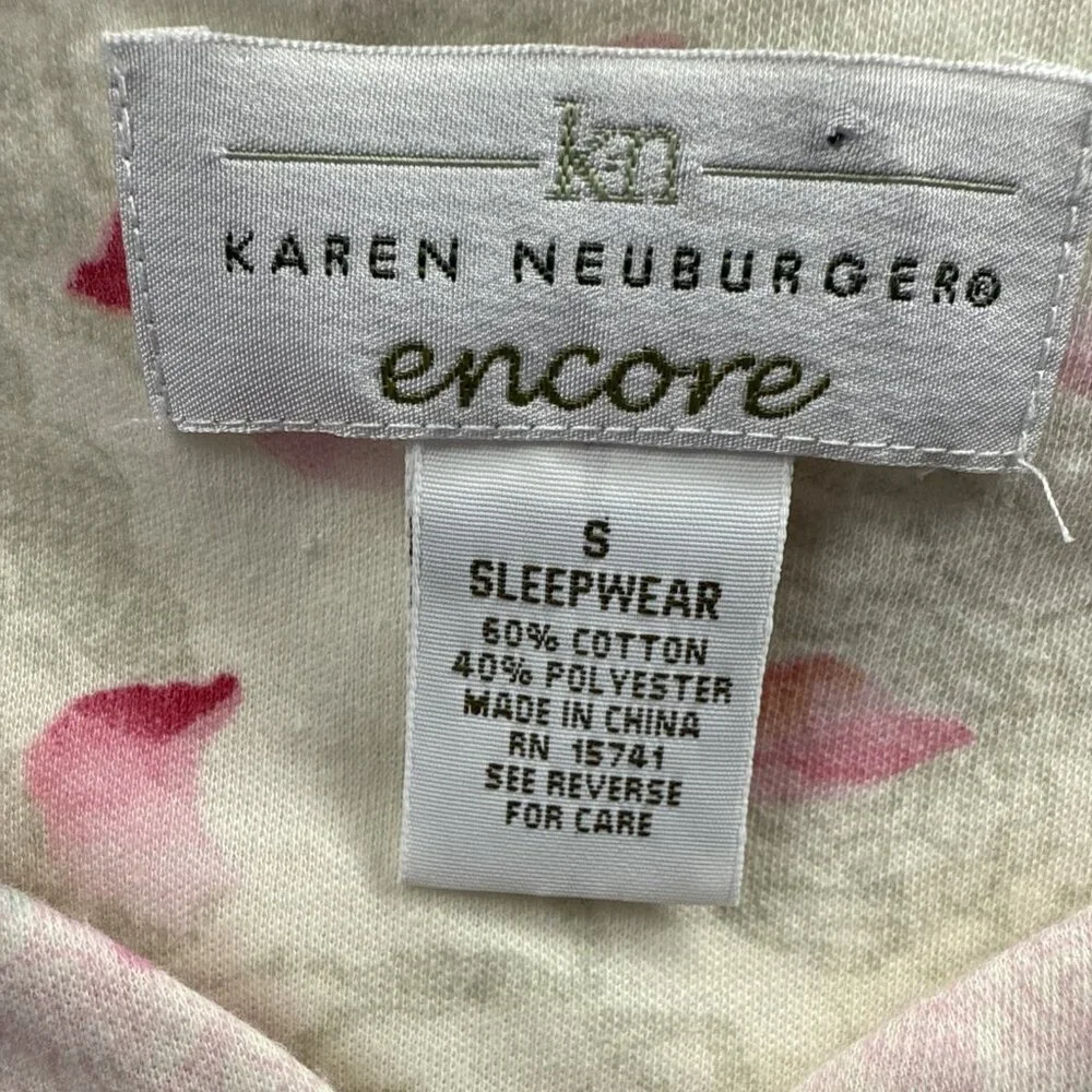 Karen Neuburger Encore Nightgown S‎ Pink Green Soft Cotton Blend Long Sleeve